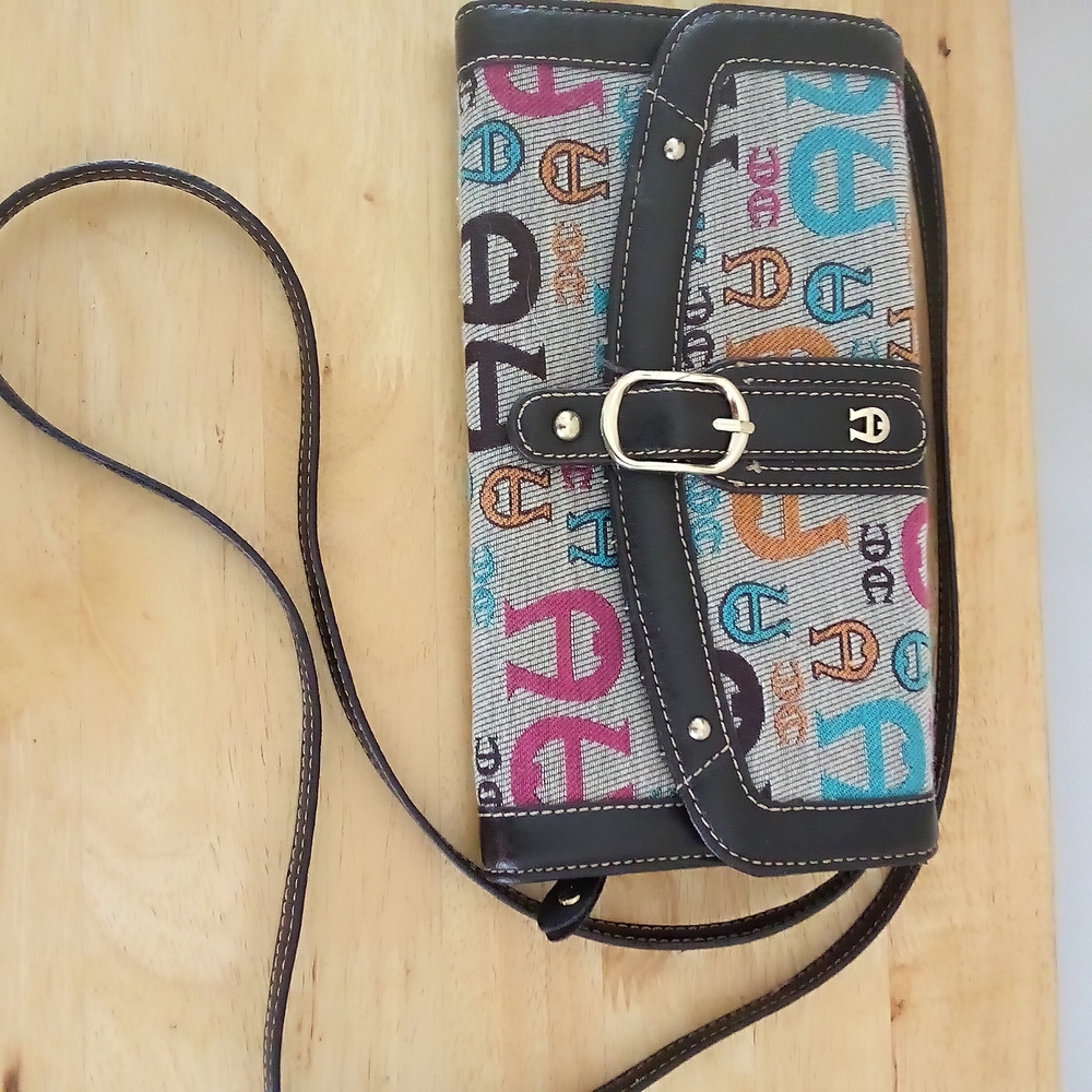 Etienne Aigner Multicolor Logo Crossbody with Dark Brown Trim and Gold Buckle